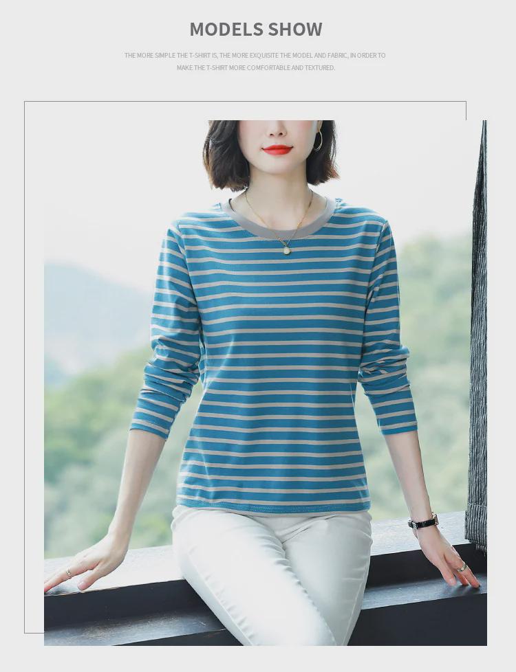 2023 Women's Oversized Striped Cotton Long-Sleeve T-Shirt for Autumn