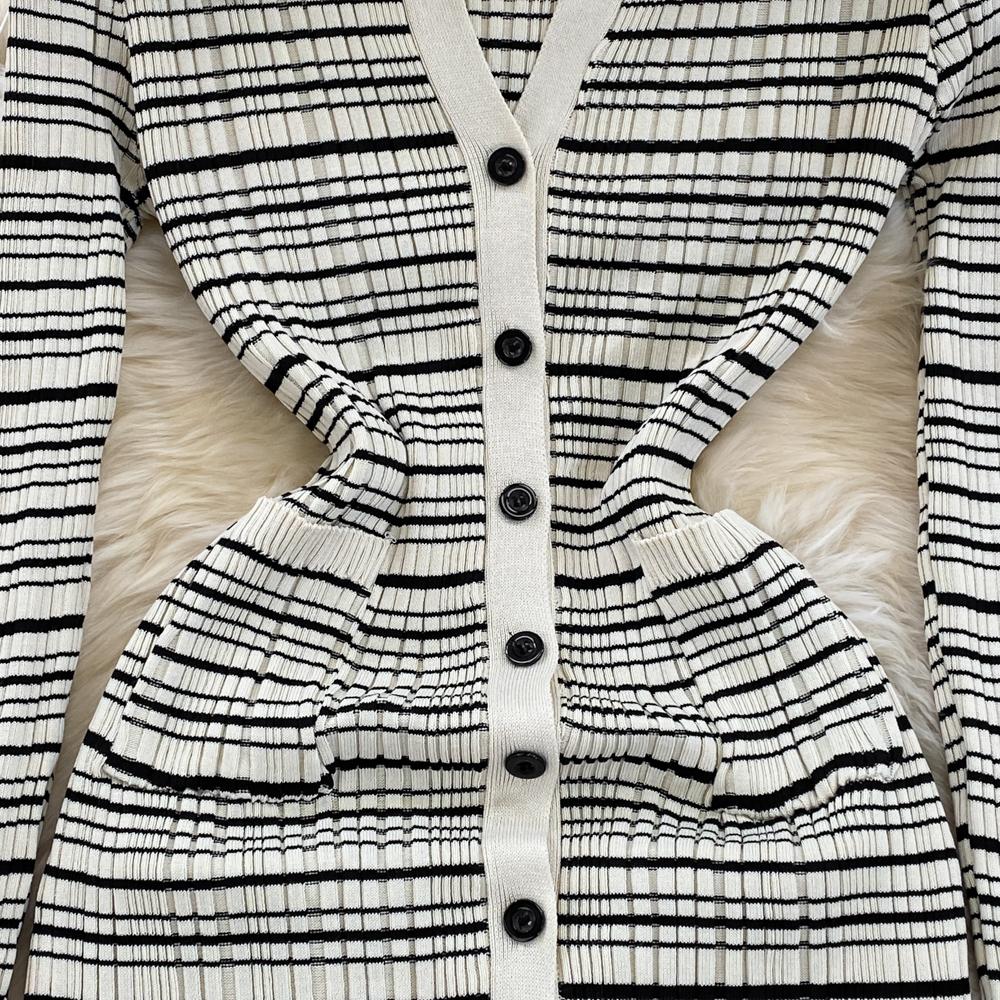 Осеннее модное полосатое вязаное платье-свитер с отложным воротником, женское повседневное однобортное трикотажное платье-карандаш длиной до колена