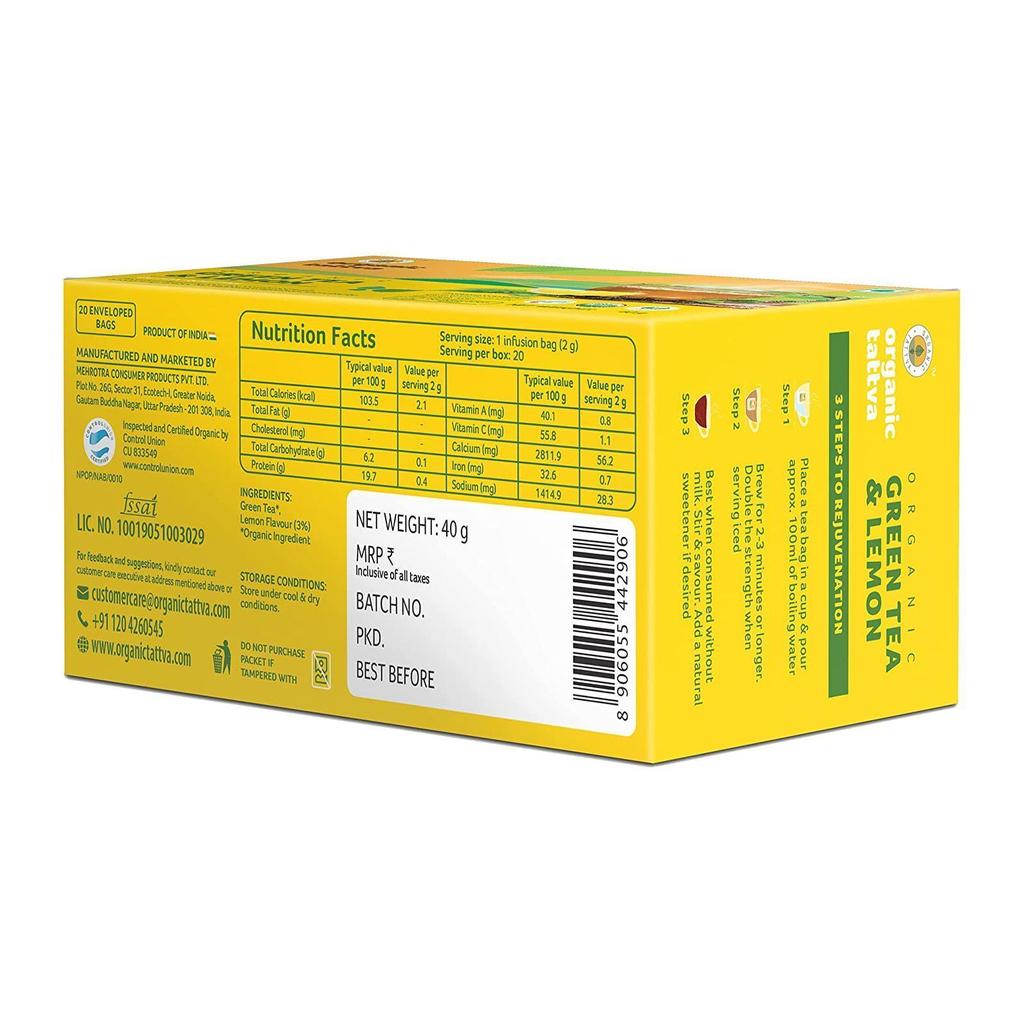 Assam Green Tea with Lemon (20 Pack, 2 G), Organic Green Tea & Lemon, Organic Tattva