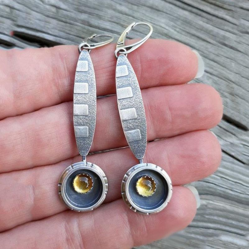 Lady Retro Purple Resin Earrings Gypsy Antique Silver Carved Metal Hanging Earrings