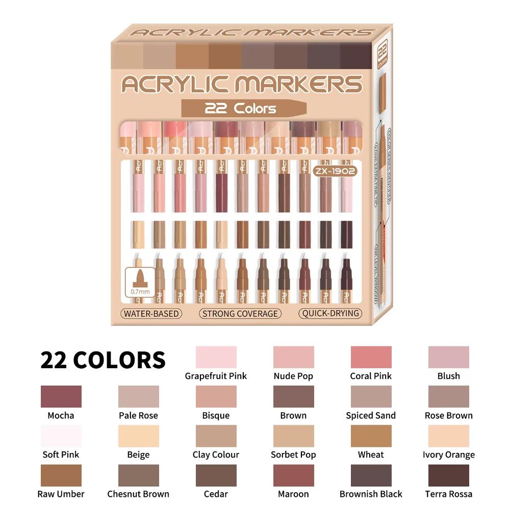22 Цвета Акриловые Маркеры-Ручки Extra Fine Tip Серые/Телесные Тона Набор Маркеров Pro Color с Прозрачным Окном