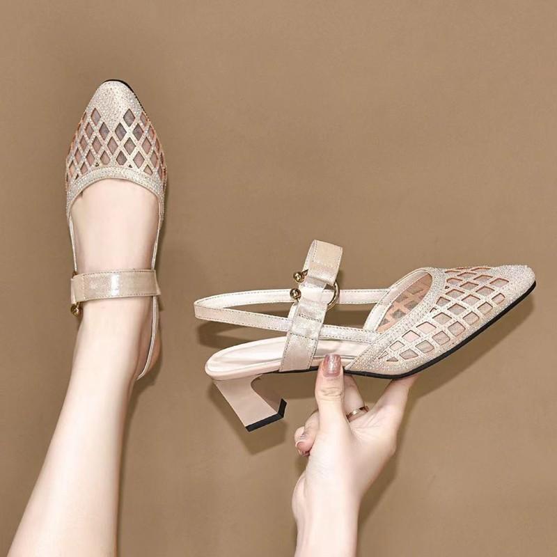 Hot Selling Fashion Summer Woman Sandal Temperament Edition Simple Mesh One Line Buckle with Pointed Head High Heels for Women