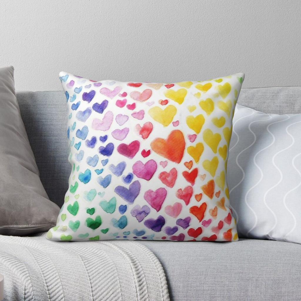 Rainbow Hearts Square Pillowcase Polyester Linen Velvet Pattern Zip Decor Pillow Case Sofa Seater Cushion Cover