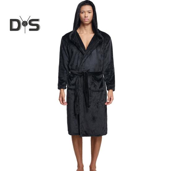 Men Nightgown Hooded Long Sleeve Belt Flannel Bathrobe with Pockets Solid Color Quick-Drying Fabric Knee-Length Loungewear Robe