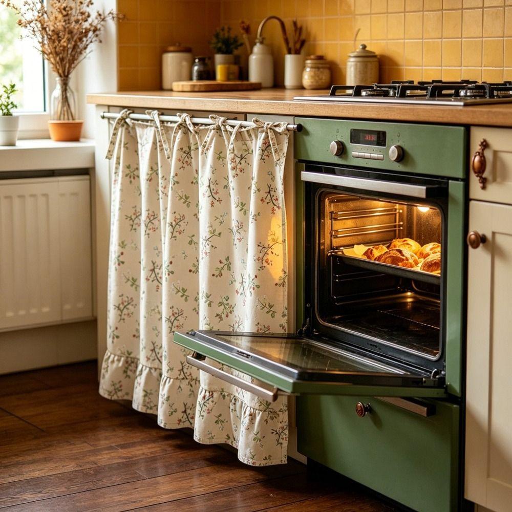 Ruffled Edge Farmhouse Plaid Kitchen Oven Skirt Cotton Privacy Partition Curtain Porch