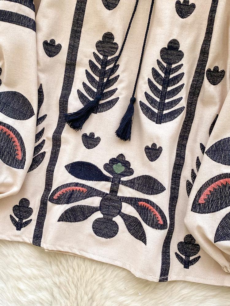 Весна Осень Новая Винтажная Рубашка с Рукавами-Фонариками Женская Вышитая Круглый Вырез Ремешок Свободная Повседневная Блузка Топ