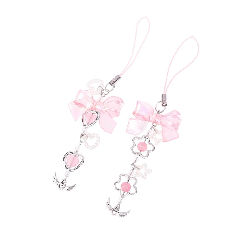 Sweet Pink Bowknot Heart Phone Chains For Girl Cute Flower Star Phone Strap Y2k Mobile Phone Lanyards Keychain