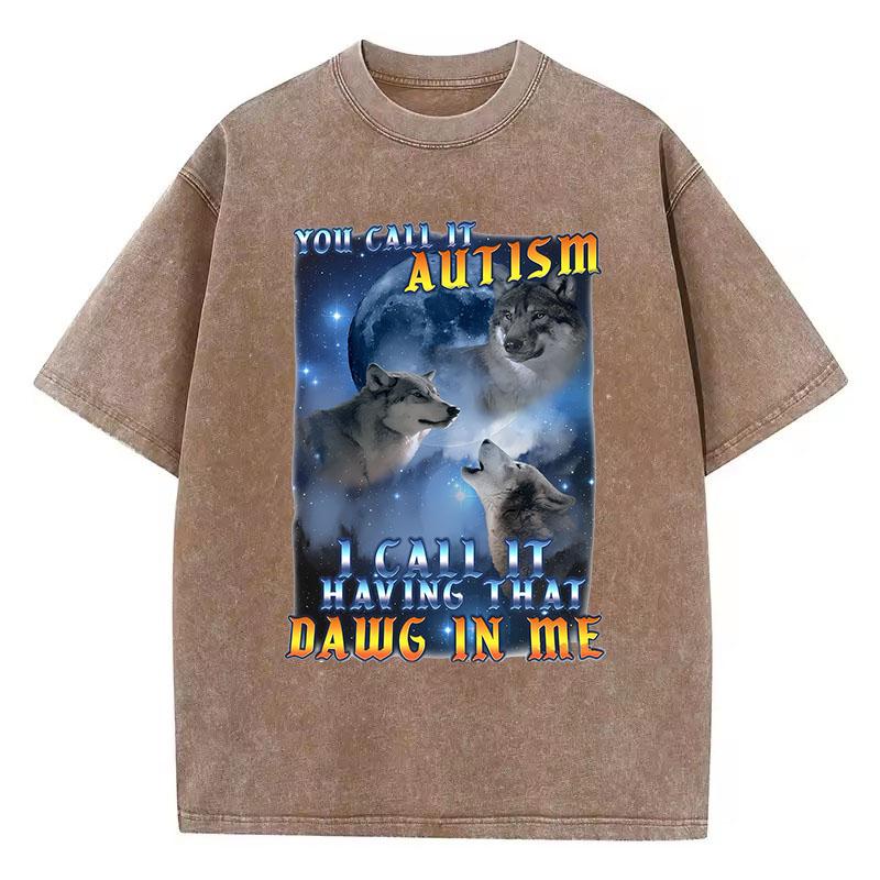 Retro Autism Wolf T Shirt Vintage Washed Cotton TShirt Graphic Tee Casual Streetwear for Spring Summer Fall