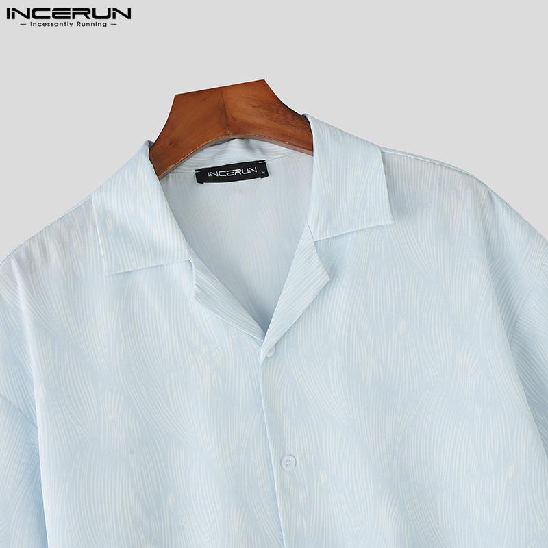 INCERUN Летние свободные мужские рубашки с воротником-лацканом и коротким рукавом с принтом