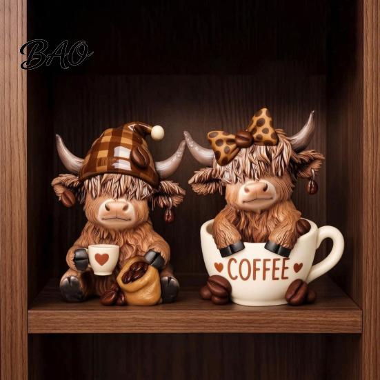 Desktop Coffee Lover Gift 2Pcs Cow Figurine, Cute Resin Animal Statue for Home Desk Corner Shelf Accessory Decor, Cafe Style Tabletop Ornament,