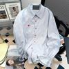 Blue Women's Long Sleeved Shirt Heart Button Ruffle Sleeve Lapel Blouse Autumn French Loose Fashion Woman Casual Top