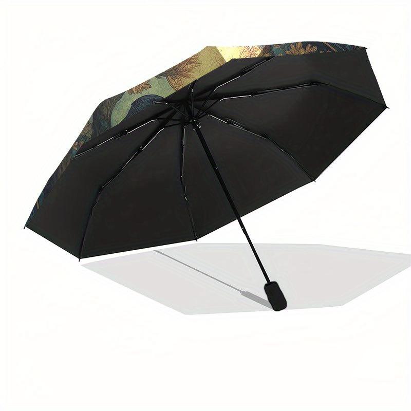 Raven Moonlit Forest Wall Art: Mystical Circular Decor Umbrella, Portable 3-Fold Compact Umbrella for Men & Women R142