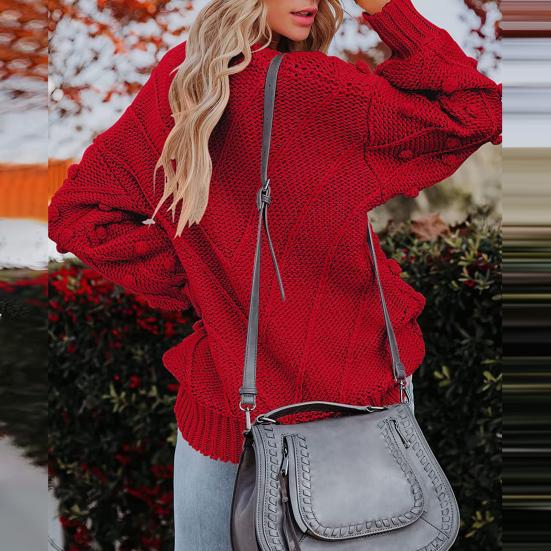 Women Sweater Tops Round Neck Long Sleeve Jacquard Decor Knitted Tops Solid Color Loose Fit Jumper