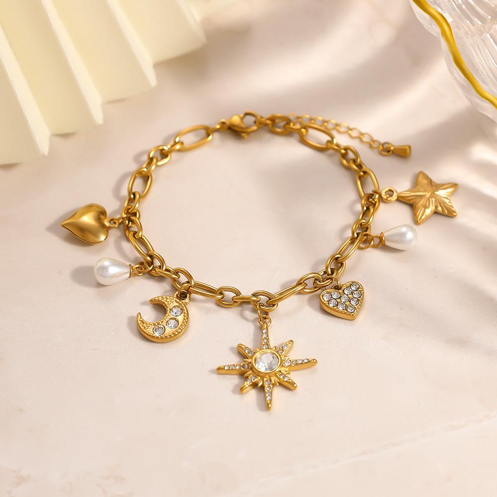 Landy Star Moon Sun Heart Waterproof Chain Bracelet Stainless Steel Gold Plated Zircon Chain Bracelets for Summer