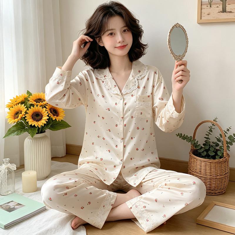 Sweet bear ice silk satin loungewear pajamas women's autumn long-sleeved trousers two-piece set can be worn outside
