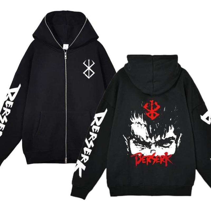 Осенние флисовые куртки на молнии с капюшоном в стиле аниме «Берсерк», толстовки с принтом, уличная одежда, свободные мужские толстовки с капюшоном в стиле Харадзюку, повседневные кардиганы, пальто