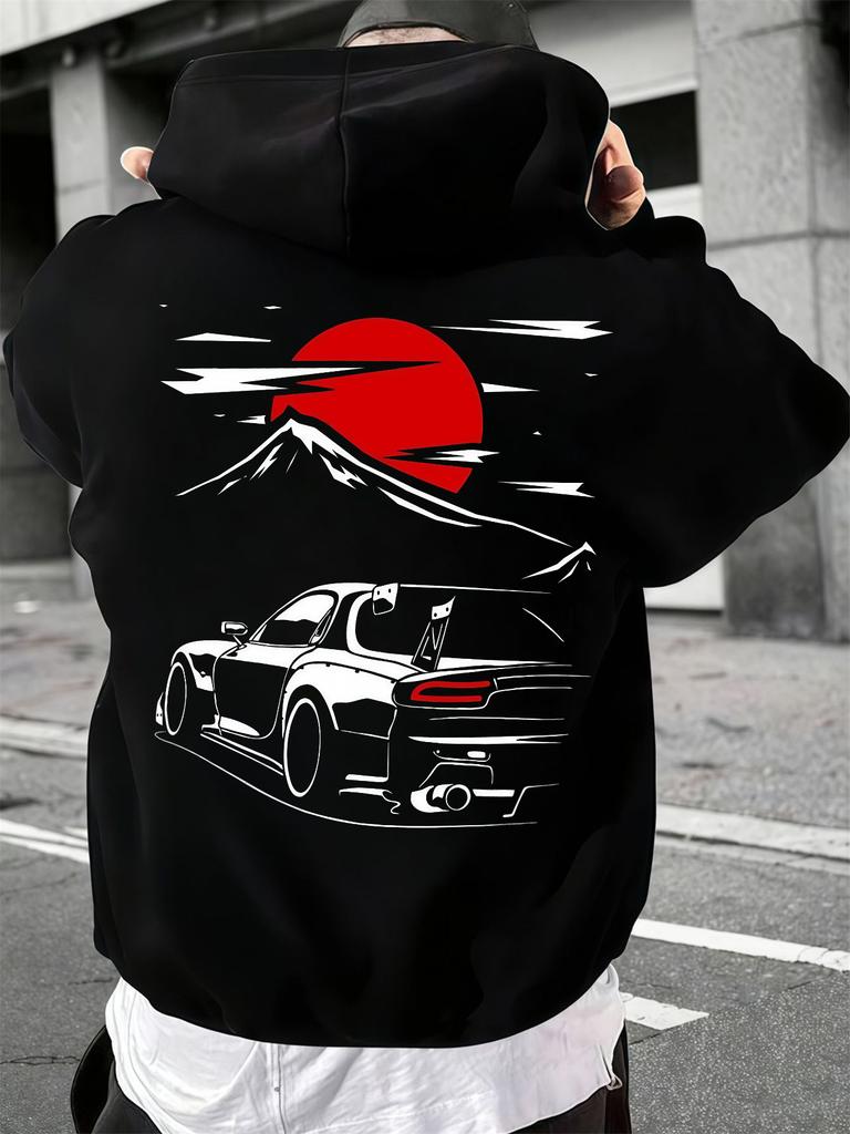 Ностальгическая Повседневная Толстовка Для Мужчин, JDM Тюнингованный Автомобиль Восход Солнца Горный Пейзаж Арт Композитная Графика на Спине, Оверсайз Уличный Хип-Хоп Спортивный Топ