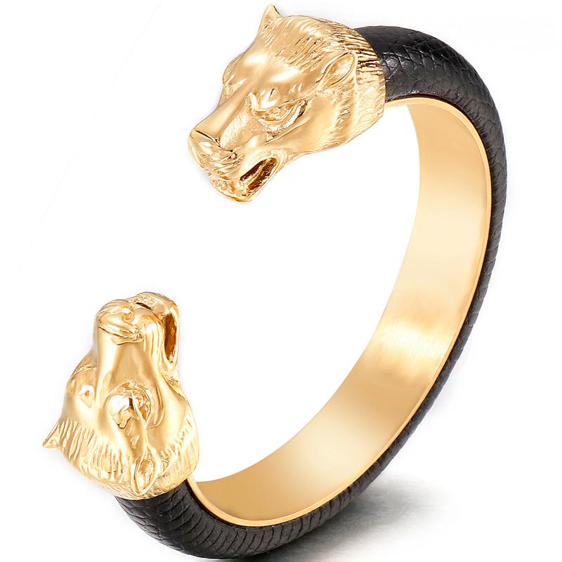 Мужские открытые браслеты с головой льва из нержавеющей стали золотого цвета, эластичные регулируемые кожаные браслеты для мальчиков, аксессуары для рук, ювелирные изделия