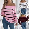 Women's Knitted Sweater Off-Shoulder Lantern Sleeve Striped Pullover Jumpers Warm Knitwear Tops
