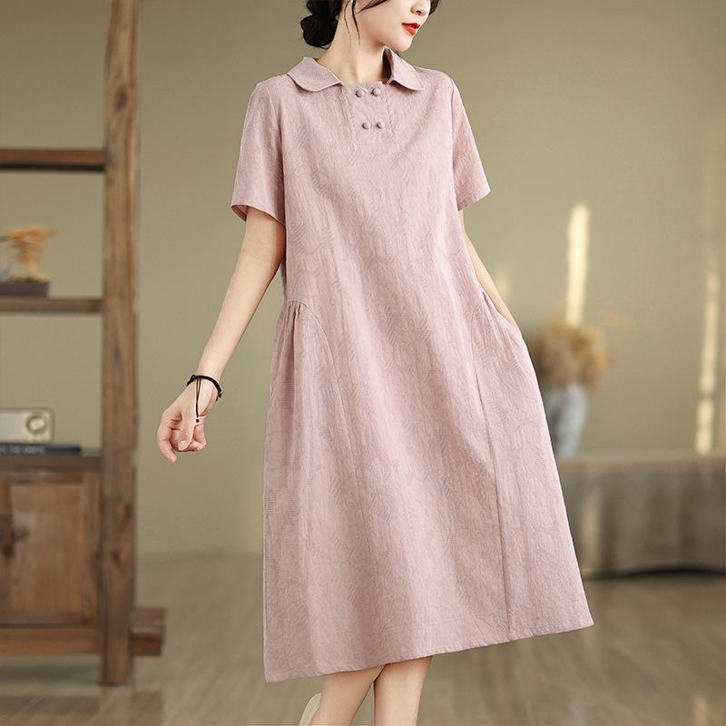 Летнее художественное свободное жаккардовое платье из конопли с воротником, с коротким рукавом, женское, средней длины