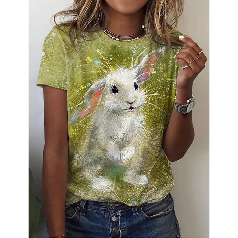 Женская футболка Animal Weekend 3D Print Rabbit Graphics Светло-зеленая футболка с коротким рукавом Модные топы с круглым вырезом Лето