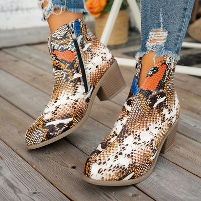 Короткие сапоги со змеиным узором, женские сапоги большого размера с острым носком на каблуке, европейский и американский стиль, весна, осень и зима