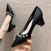 Korean Version of Pointed Toe Thick Heel High Heels Women's Pleated Pearl Single Shoes Female Fairy Style Niche Design Temperament