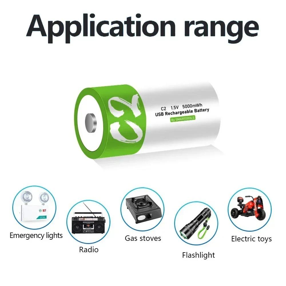 1.5V 5000mWh C2 LR14 Li-po Rechargeable Battery Type-C Ultra-Fast Charging for Flashlight Gas Cooker Electronic Piano Radios