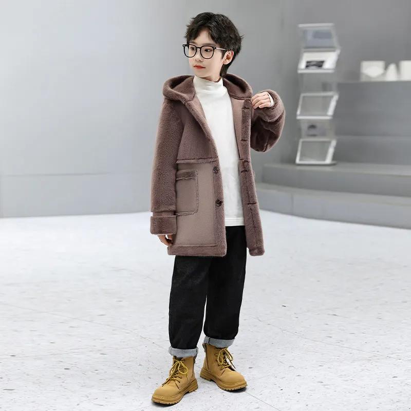 Детская шерстяная куртка для мальчиков осень-зима, пальто плюс утолщенный бархат, верхняя одежда для мальчиков, 2 цвета