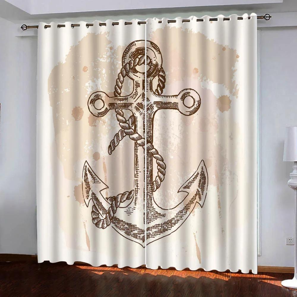 Главная Морской узор якоря Высокие затемняющие шторы Раздвижные стеклянные двери Спальня Гостиная Плотная затемняющая штора Новый стиль Shade