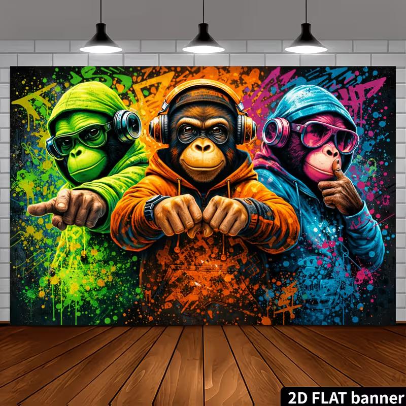 2D flat banner depicting stylish chimpanzees in hip-hop poses, perfect for music or party events