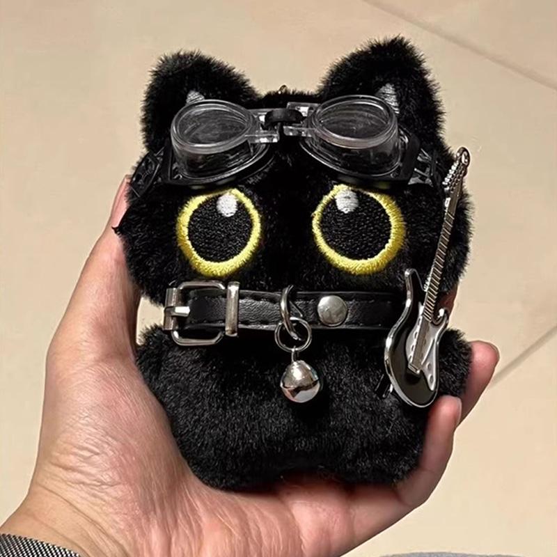 Cute Cartoon Black Cat Keychain Bag Pendant Backpack Hanging Ornaments Lovely Cat Doll With Camera Animal Car Keyring Kids Gift