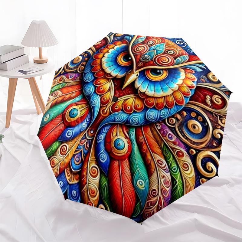 1pc Colorful Owl Artwork Automatic Folding Umbrella - Compact 8-Rib Design,Perfect Gift for Friends & Family yy250926009
