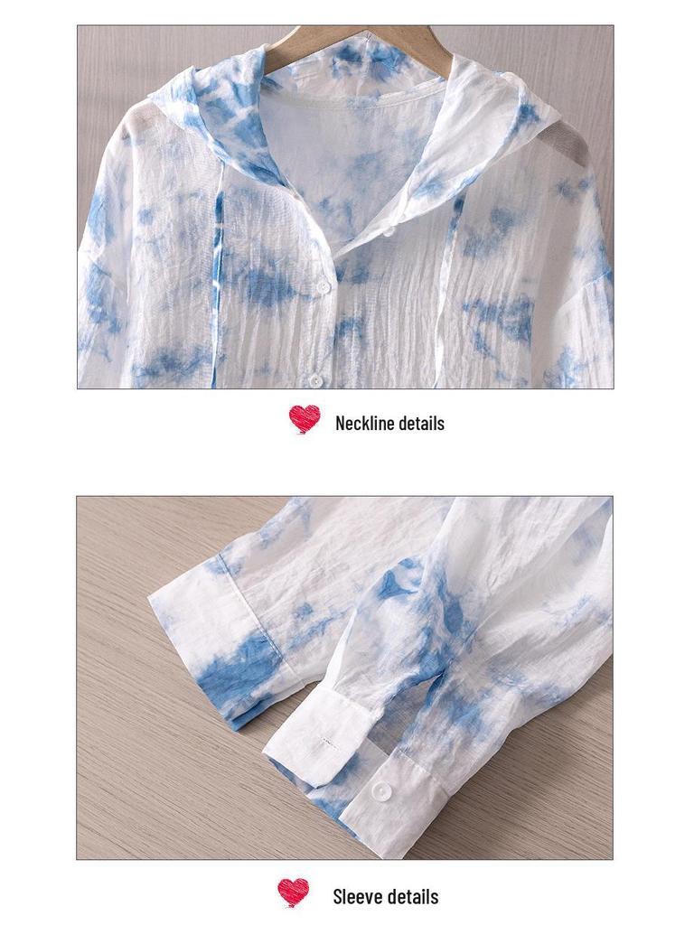 Женская hooded рубашка-куртка с длинным рукавом для защиты от солнца, повседневная, пляжная, с тибетским узором tie-dye