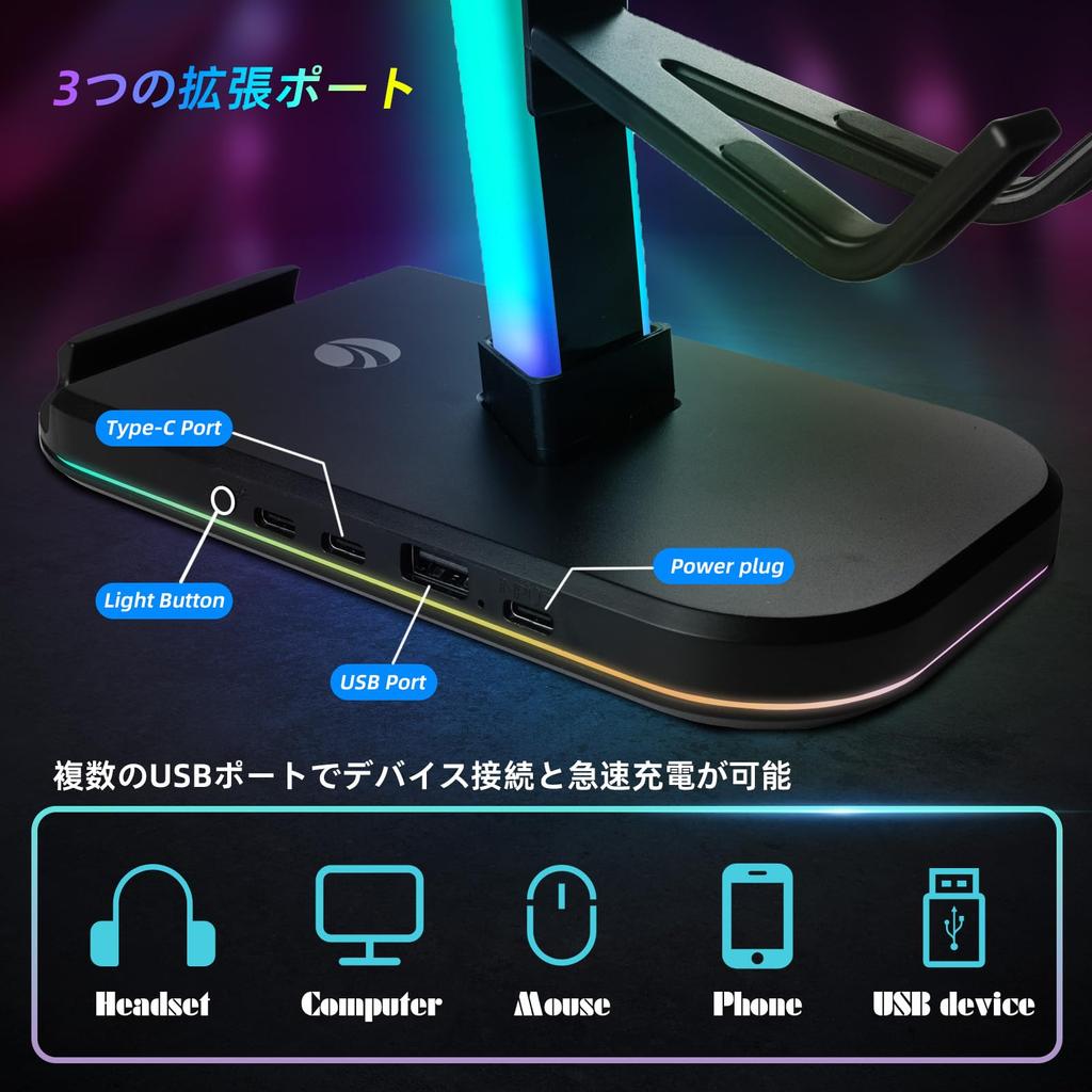 VCOM Игровая подставка для наушников-контроллера с RGB 10 Держателей для гарнитур и 4 Включает USB и Зарядку Настольное Многофункциональное Хранилище Устойчивое Легкое Черное