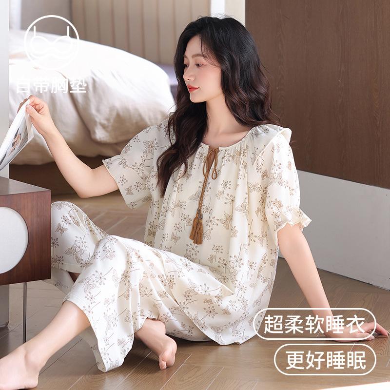 Pajamas women's summer cotton short-sleeved eight-point pants with chest pads 1011 new high-end summer half-sleeved loungewear