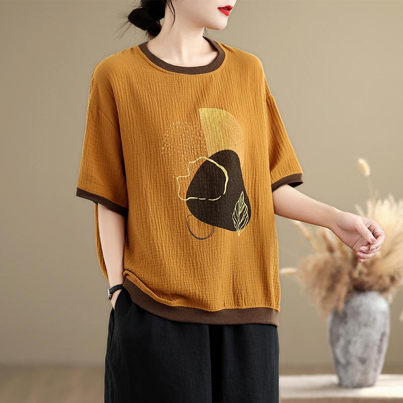 Dimanaf 2025 Летняя футболка больших размеров для женщин с принтом Базовая винтажная свободная повседневная футболка с круглым вырезом