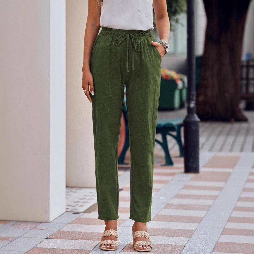 Женские хлопково-льняные брюки с кулиской и широкими штанинами