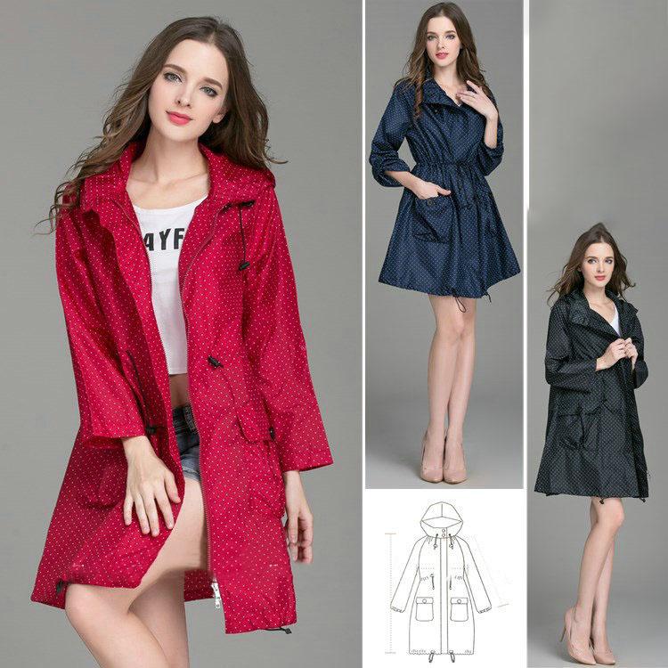 Foldable Cuffs Laydies Dress Style Fashion Women Waterproof Rainwear Windproof with HatLight Rain Coat Plus Size