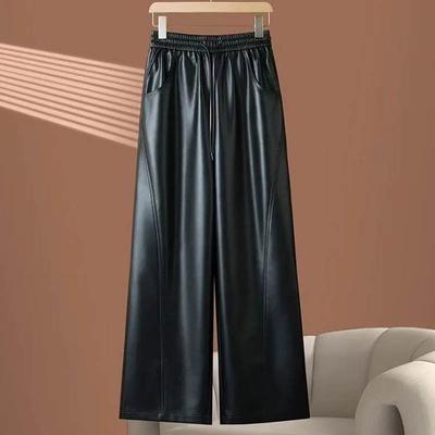 Кожаные брюки для женщин Эластичные с высокой талией Длинные брюки Большой размер Утепленные Эластичные Универсальные Повседневные Широкие брюки