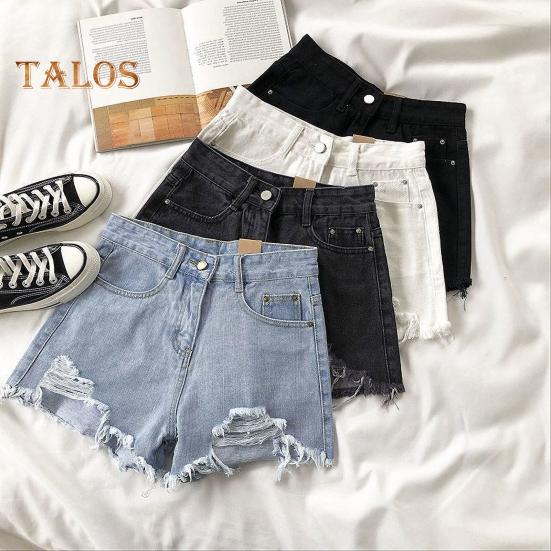 Summer Women Denim Shorts High Waist A-line Solid Color Ripped Button Zipper Closure Retro Pockets Slim Fit Above Knee Length Short Pants