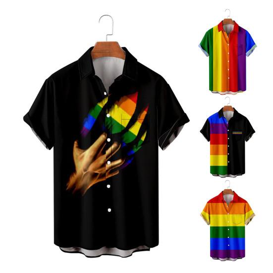 Men Summer Shirt Color Matching Bright Colors Turn-down Collar Single-breasted Short Sleeves Cooling Buttons Rainbow Color Plus Size Beach Shirt