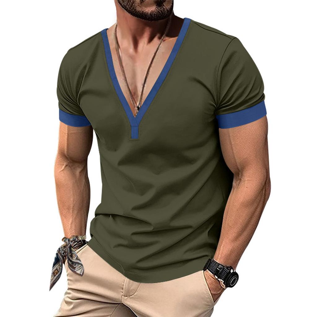 Men'S Fashionable Casual V-Neck T-Shirt Button Short Sleeved Top