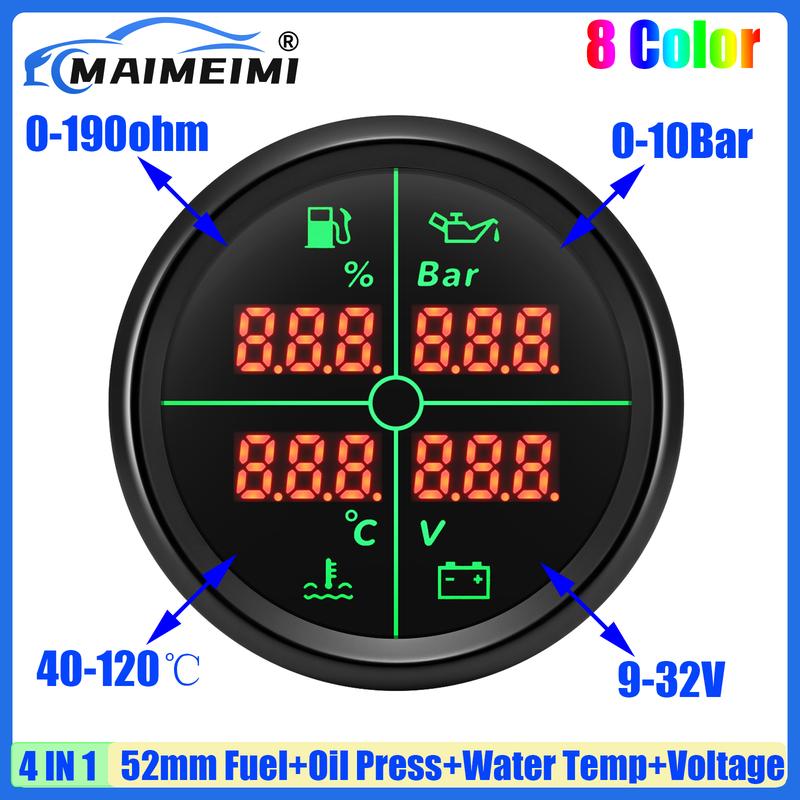 Universal Car 52MM Gauge Digital 4IN1 Fuel Level Meter+Oil Pressure+Water Temp+Voltage 8 Color LED for Marine Boat Yacht 12V24V