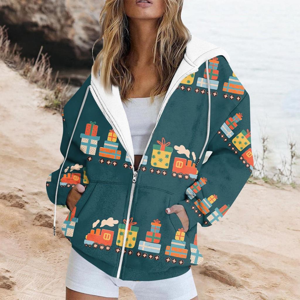 Женская модная повседневная толстовка с принтом, осенне-зимняя куртка-кардиган с длинными рукавами и карманами, куртка с капюшоном на молнии, пальто