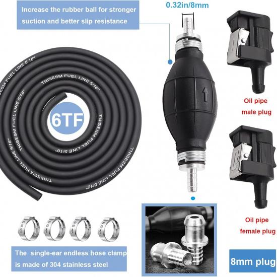 Tnisesm 5/16" 6FT Fuel Line Assembly, With Connector Rubber Marine Outboard Boat Motor RVs Fuel Assembly With Primer Bulb 304 Steel Hose Clamps