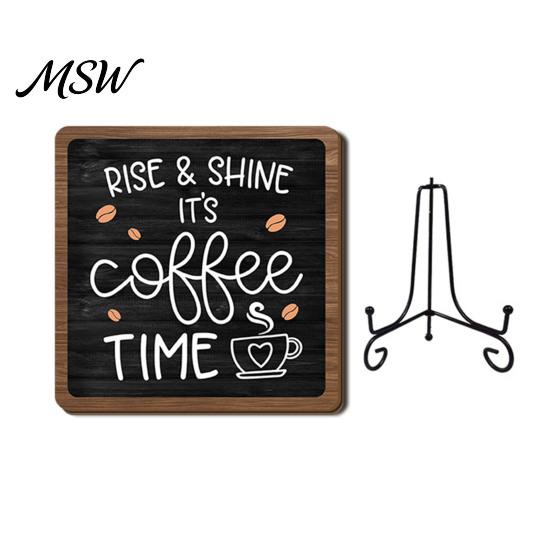 Coffee Bar Decor Themed Wooden Tabletop Sign, Rustic Kitchen Plaque with Iron Lover Gifts Stand, Farmhouse Home Dining Room Countertop Ornament, Gift