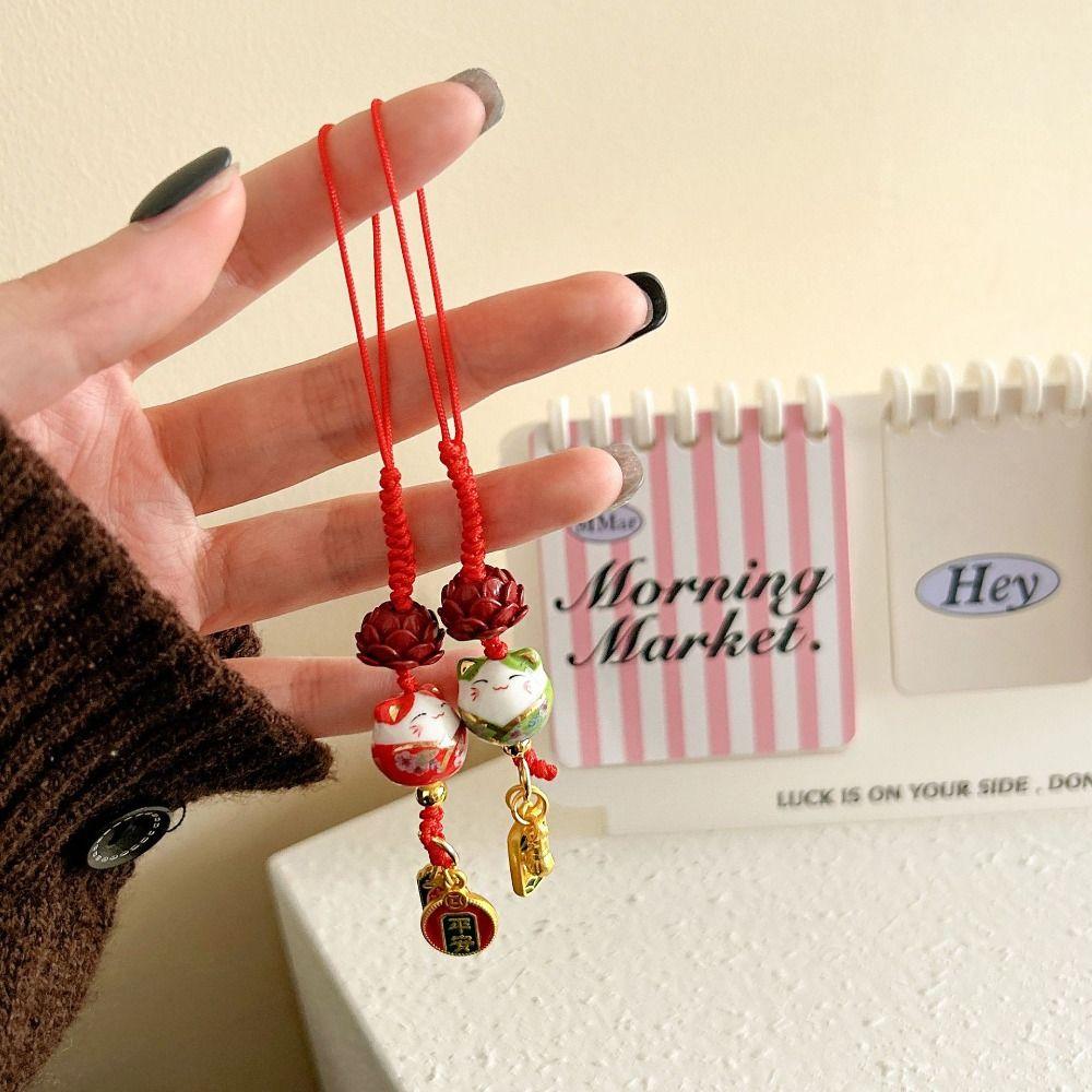Cartoon Maneki Neko Key Chain Ceramic Lucky Cat Phone Strap Lucky Cat Mobile Phone Pendant Women