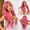 Long Pink Red Wigs with Bangs Wavy Synthetic Wig for Women Daily Party Cosplay Heat Resistant Fiber Wig
