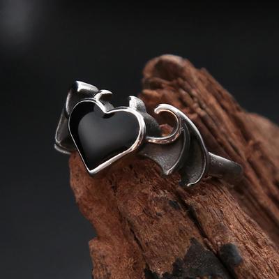 Модное винтажное кольцо с крыльями ангела-демона в форме черного сердца для мужчин и женщин, готическое байкерское кольцо из нержавеющей стали 316L для пары, романтические ювелирные изделия, подарки